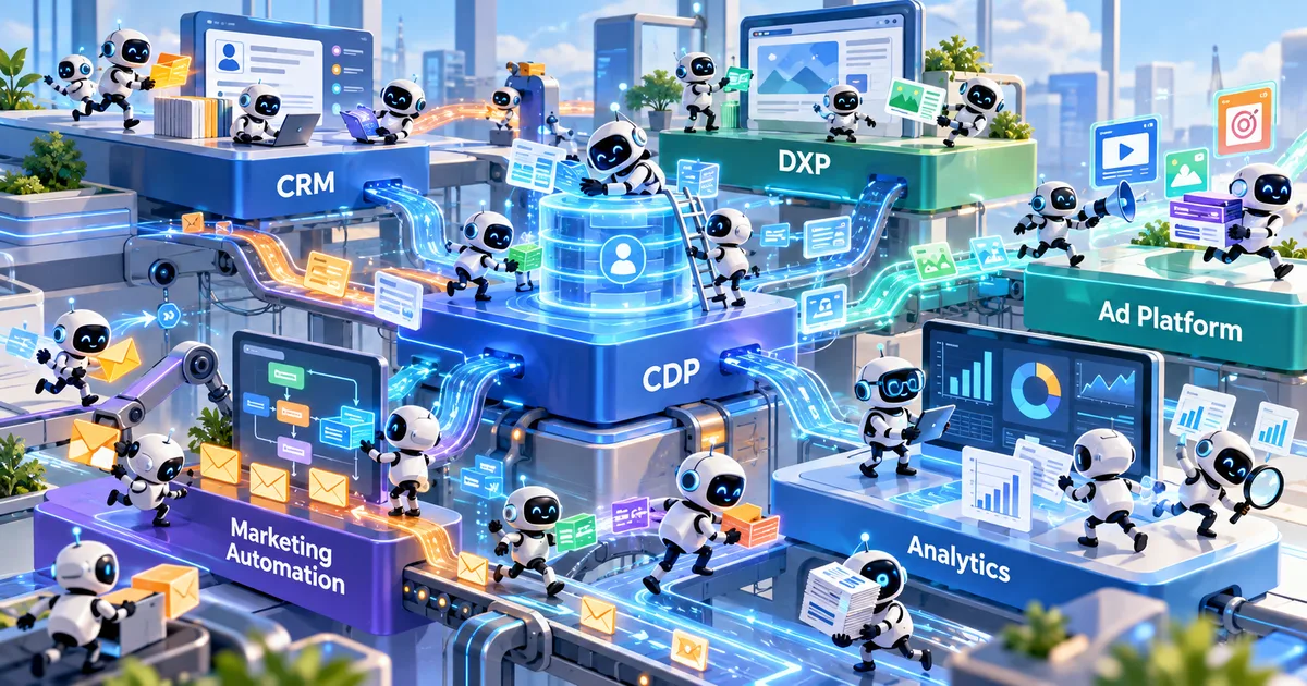Dozens of small white robots carrying emails, charts, and data cards between platforms labeled CRM, DXP, CDP, Ad Platform, Marketing Automation, and Analytics