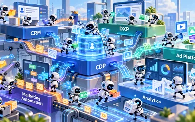 Dozens of small white robots carrying emails, charts, and data cards between platforms labeled CRM, DXP, CDP, Ad Platform, Marketing Automation, and Analytics