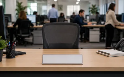 An empty desk with a vacant chair and a blank nameplate holder in a busy open-plan office, with other people working in the background.