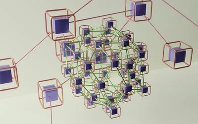 3D copper wireframe cubes connected by glowing green lines on a beige background