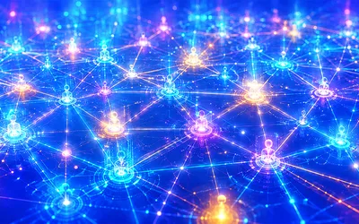 Abstract network of glowing interconnected nodes and light paths on a blue digital background