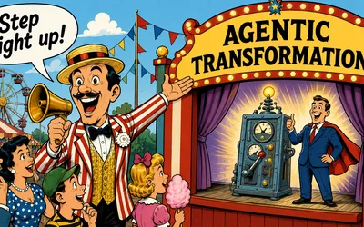 A cartoon carnival barker in a red-and-white striped suit and straw hat shouts through a megaphone, drawing a wide-eyed crowd toward a booth signed Agentic Transformation where a caped businessman poses beside a hokey contraption.