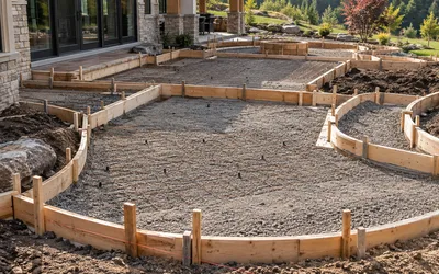 Wooden concrete forms and steel reinforcing mesh laid over gravel for a curving backyard patio next to a stone house, ready for the concrete pour