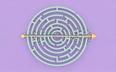 Orange arrow smashing through a circular maze on a purple background