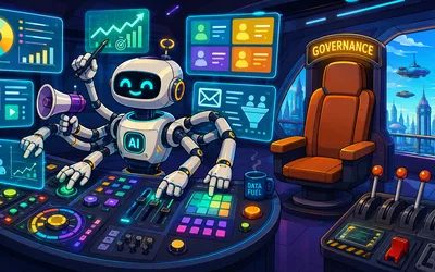 A cartoon multi-armed AI robot operating a marketing control panel full of dashboards and tools, beside an empty chair labeled 'Governance' and a bank of unmanned levers.