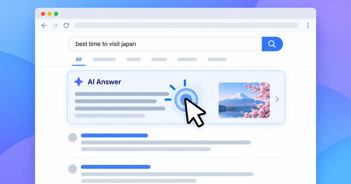 A browser window showing a search for "best time to visit japan" with an AI Answer box at the top, a mouse cursor clicking beside a photo of Mount Fuji and cherry blossoms, and ordinary search results below.