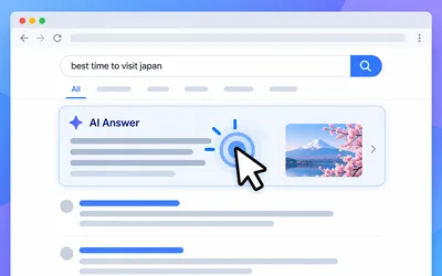 A browser window showing a search for "best time to visit japan" with an AI Answer box at the top, a mouse cursor clicking beside a photo of Mount Fuji and cherry blossoms, and ordinary search results below.