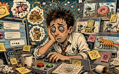 A frazzled, wide-eyed office worker in a loosened tie slumps at a cluttered desk with his head in one hand, surrounded by screens showing chatbots and absurd AI-generated pictures, scribbled sticky notes, and a spilled coffee mug.