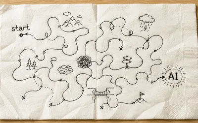 A hand-drawn treasure map on a crumpled napkin winding from 'start' through mountains, a storm cloud, signposts, and dead-ends marked with X's toward a sun labeled 'AI'.