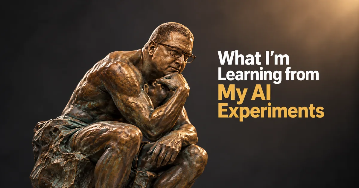 Bronze statue in the pose of Rodin's Thinker, wearing glasses, beside the headline What I'm Learning from My AI Experiments on a dark background