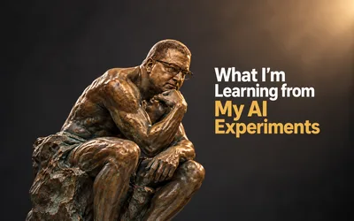 Bronze statue in the pose of Rodin's Thinker, wearing glasses, beside the headline What I'm Learning from My AI Experiments on a dark background