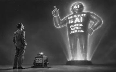 A businessman gazing up at a towering glowing AI robot hologram proclaiming 'the future is AI, smarter, faster, limitless,' while a small box labeled 'working system' sits unnoticed at his feet, in black and white.