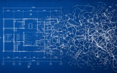 A precise architectural blueprint on the left that dissolves into a chaotic tangle of overlapping lines on the right, drawn in white on deep blueprint blue.