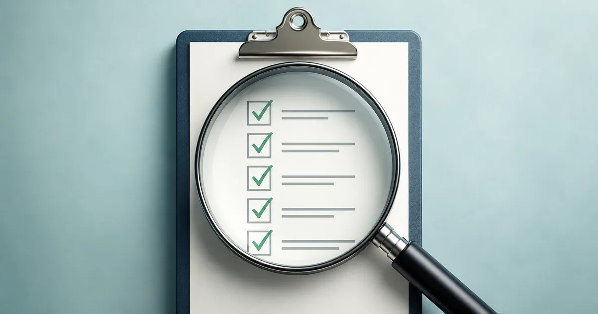 A magnifying glass held over a white checklist on a navy clipboard, enlarging a column of green checkmarks in boxes against a soft blue-gray background.