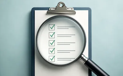 A magnifying glass held over a white checklist on a navy clipboard, enlarging a column of green checkmarks in boxes against a soft blue-gray background.