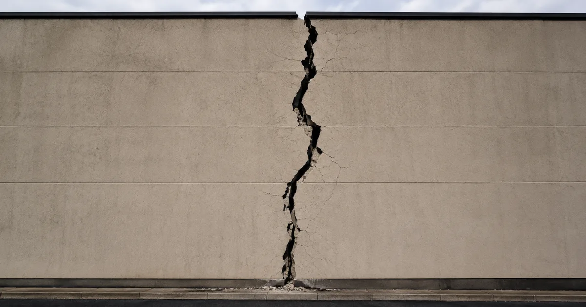 A large smooth concrete wall split by a single deep, jagged vertical crack running from top to bottom, with rubble at its base.