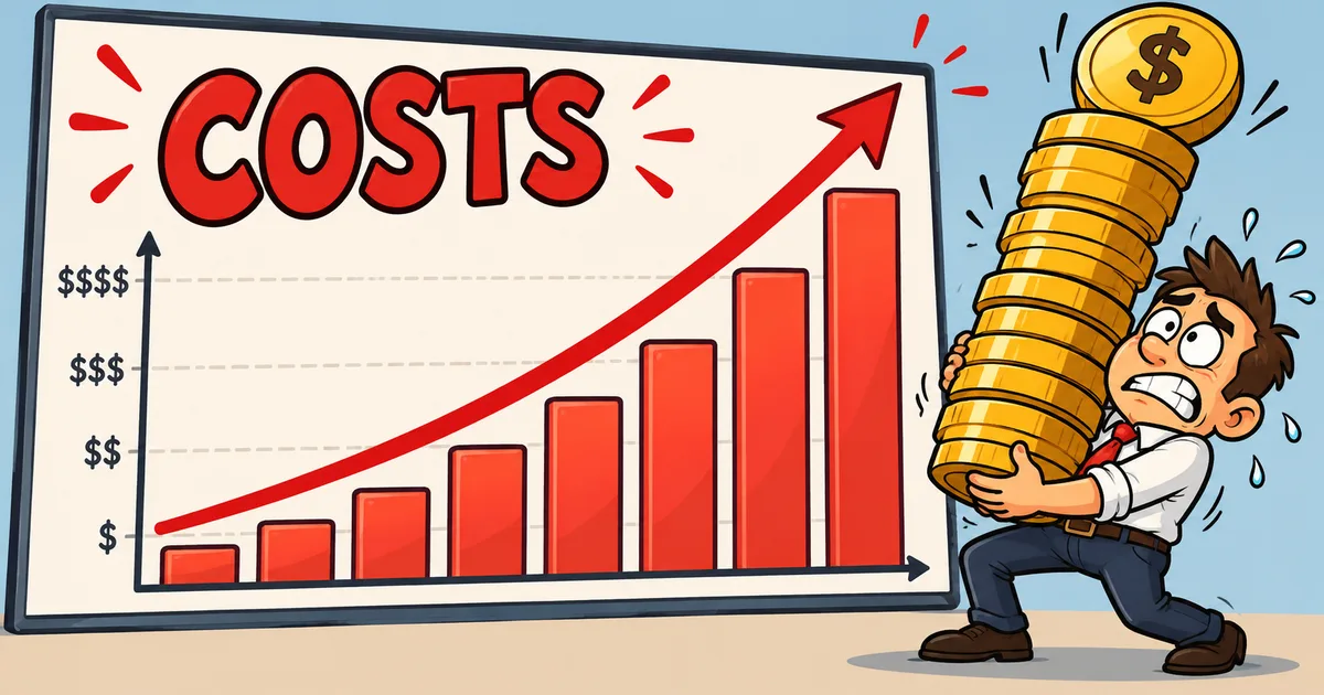 Cartoon of a stressed man straining under a tall stack of gold coins beside a bar chart labeled COSTS with bars and a red arrow climbing steeply