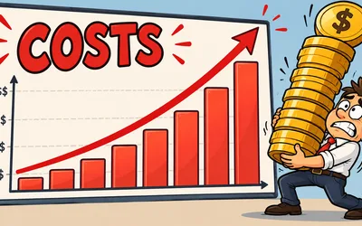 Cartoon of a stressed man straining under a tall stack of gold coins beside a bar chart labeled COSTS with bars and a red arrow climbing steeply