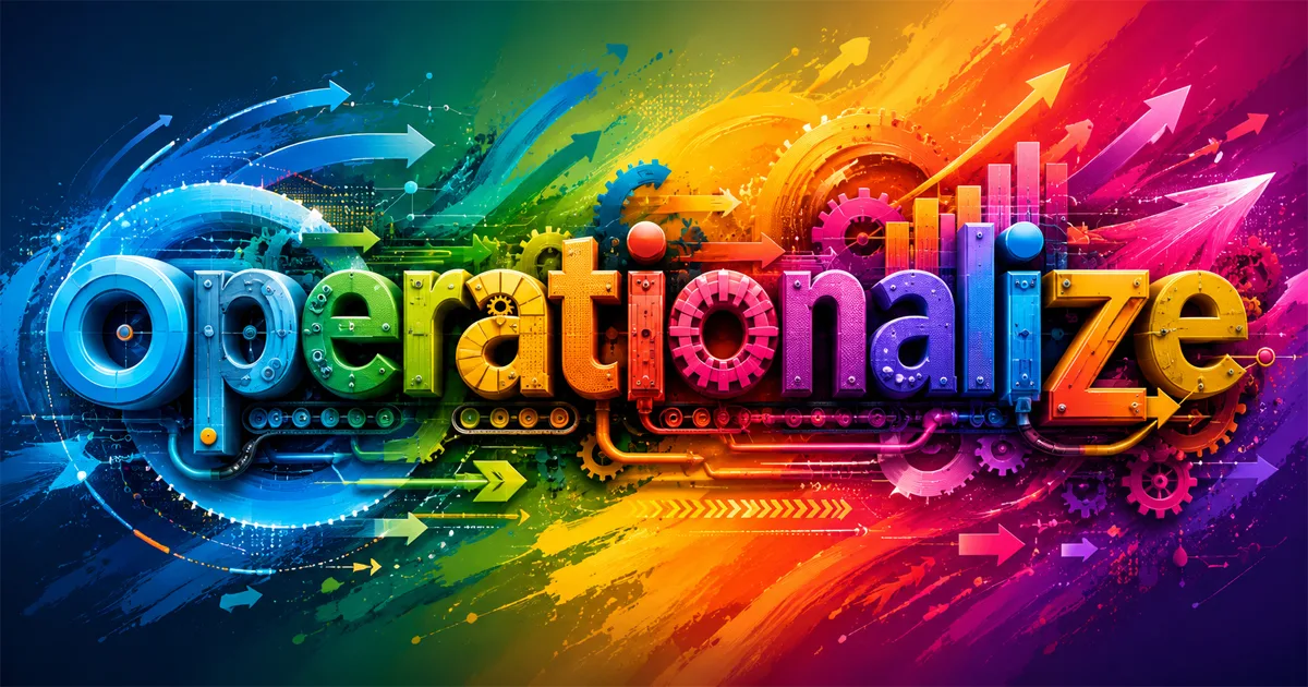 Bold rainbow-colored text reading Operationalize against a dark background with abstract digital elements and colorful paint splashes