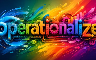 Bold rainbow-colored text reading Operationalize against a dark background with abstract digital elements and colorful paint splashes
