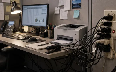 A cluttered cubicle desk with a monitor, printer, and phone beside a dangerously overloaded power strip crammed with dozens of tangled cords.