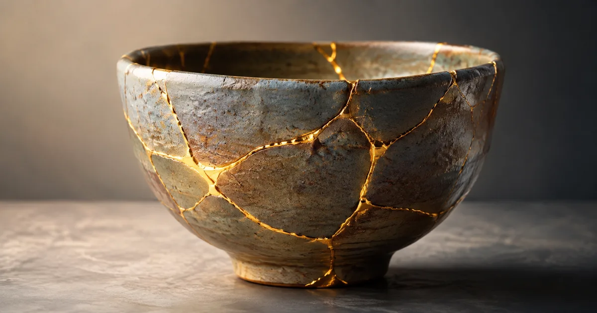 A ceramic bowl mended in the kintsugi style, its cracks filled with glowing gold seams, resting on a gray surface against a dark background.