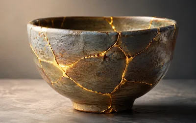 A ceramic bowl mended in the kintsugi style, its cracks filled with glowing gold seams, resting on a gray surface against a dark background.
