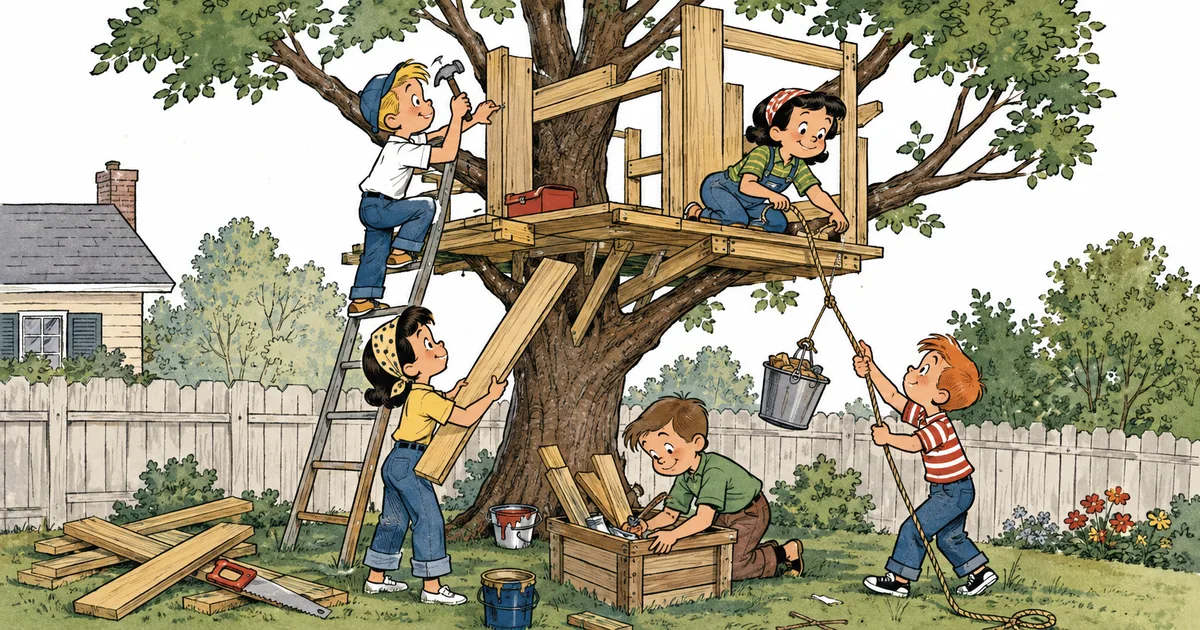 Five children in vintage clothing build a wooden treehouse in a backyard, one hammering boards while standing on a ladder, a girl framing the platform above, and others carrying a plank and hoisting a bucket of supplies up on a rope.