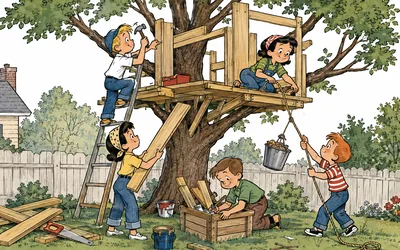 Five children in vintage clothing build a wooden treehouse in a backyard, one hammering boards while standing on a ladder, a girl framing the platform above, and others carrying a plank and hoisting a bucket of supplies up on a rope.