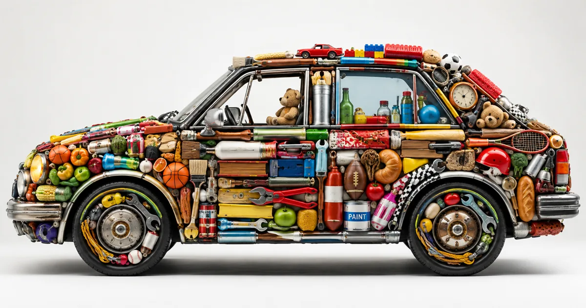 A car assembled entirely from mismatched everyday objects including tools, sports equipment, food, toys, and household items, illustrating what happens when unrelated parts are forced together without a unifying design.