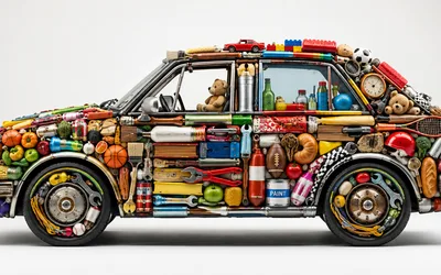A car assembled entirely from mismatched everyday objects including tools, sports equipment, food, toys, and household items, illustrating what happens when unrelated parts are forced together without a unifying design.