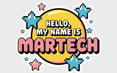 Retro name tag sticker reading "Hello, My Name Is MARTECH" with pixel art stars on a white background