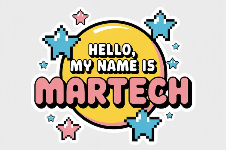 Retro name tag sticker reading "Hello, My Name Is MARTECH" with pixel art stars on a white background