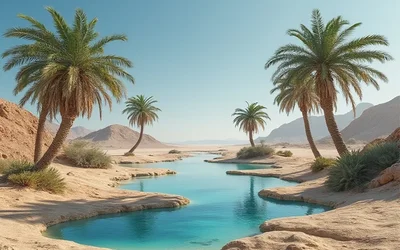 Desert oasis with palm trees and a turquoise water pool shimmering under hazy sunlight