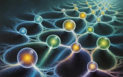 Glowing spheres connected by luminous neural tendrils floating against a dark background