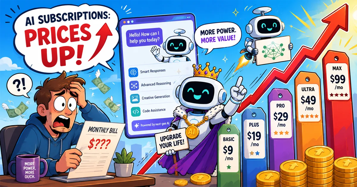 Cartoon illustration of a frustrated person holding a rising subscription bill while a smiling AI robot promotes escalating pricing tiers and stacked gold coins