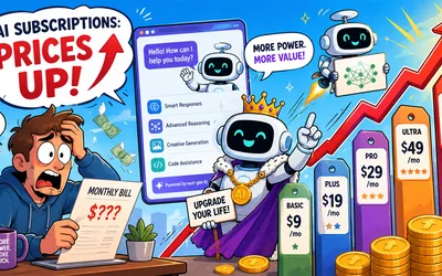 Cartoon illustration of a frustrated person holding a rising subscription bill while a smiling AI robot promotes escalating pricing tiers and stacked gold coins