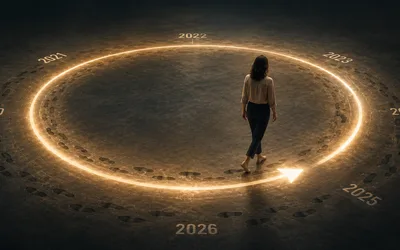 A person walking a glowing circular track ringed with the years 2020 through 2026 and worn footprints, the path looping back on itself in a dark space.