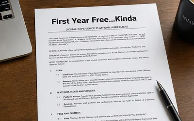 A printed contract titled 'First Year Free...Kinda' on a wooden desk next to a laptop, a black coffee mug branded Nimbus DX, and a pen
