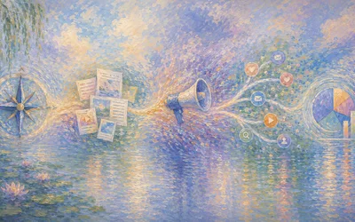 An impressionist painting showing a marketing workflow flowing left to right across a pond: a compass, content documents, a megaphone, social and channel icons, and analytics charts.