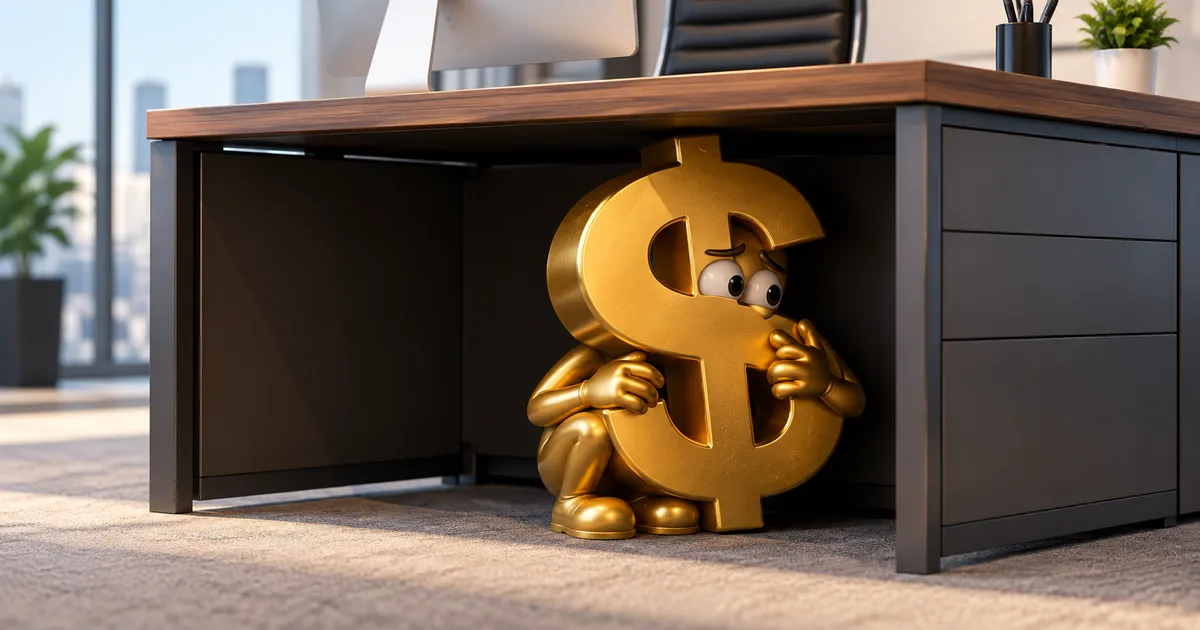 A worried gold dollar sign with cartoon eyes crouches under an office desk, hugging itself, in front of a window overlooking a city skyline