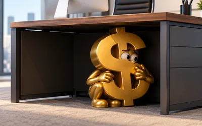 A worried gold dollar sign with cartoon eyes crouches under an office desk, hugging itself, in front of a window overlooking a city skyline