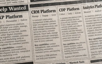 Vintage newspaper Help Wanted page with classified ads for a DXP platform, a CRM platform, a CDP platform, and an analytics platform, each listing a tagline and key capabilities