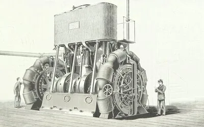 19th-century engraving of an Edison multipolar dynamo with two workers dwarfed by the massive industrial machine