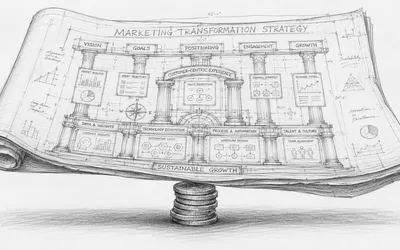 A pencil sketch of an elaborate 'Marketing Transformation Strategy' architectural blueprint balanced precariously on a small stack of coins too little to support it.