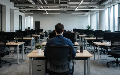 A single person working alone at a computer in a large empty open-plan office surrounded by rows of unoccupied desks and chairs