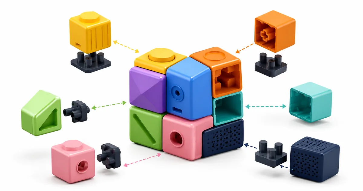 Interlocking modular cubes in many colors assembled into a central block, with several matching cubes and their connector plugs detached and floating around it, joined by dashed arrows.