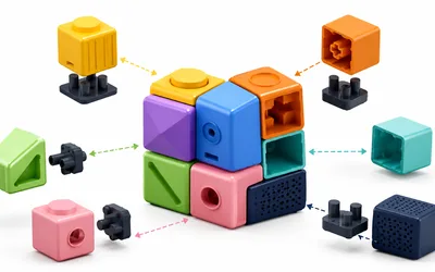 Interlocking modular cubes in many colors assembled into a central block, with several matching cubes and their connector plugs detached and floating around it, joined by dashed arrows.