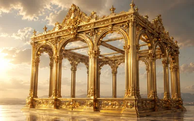 An ornate, gleaming golden pavilion of elaborate arches and columns standing empty and hollow against a sunlit sky, impressive on the outside with nothing inside.