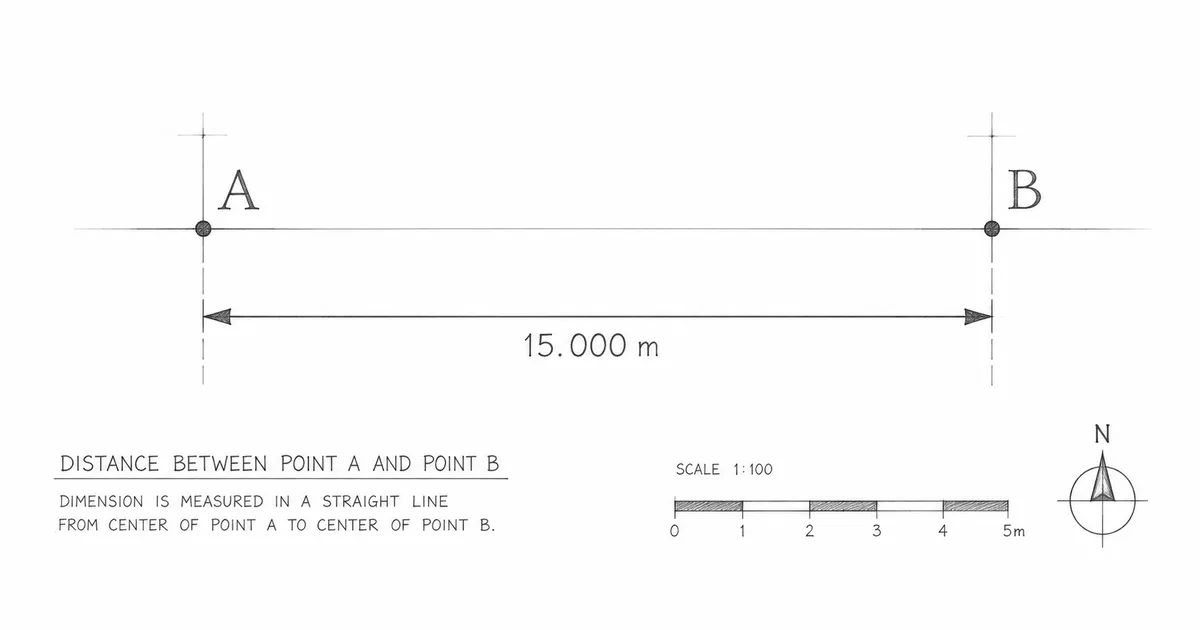 A technical dimension drawing labeling two points, A on the left and B on the right, joined by a measurement line marked 15.000 m, with a 1:100 scale bar and a north arrow beneath.